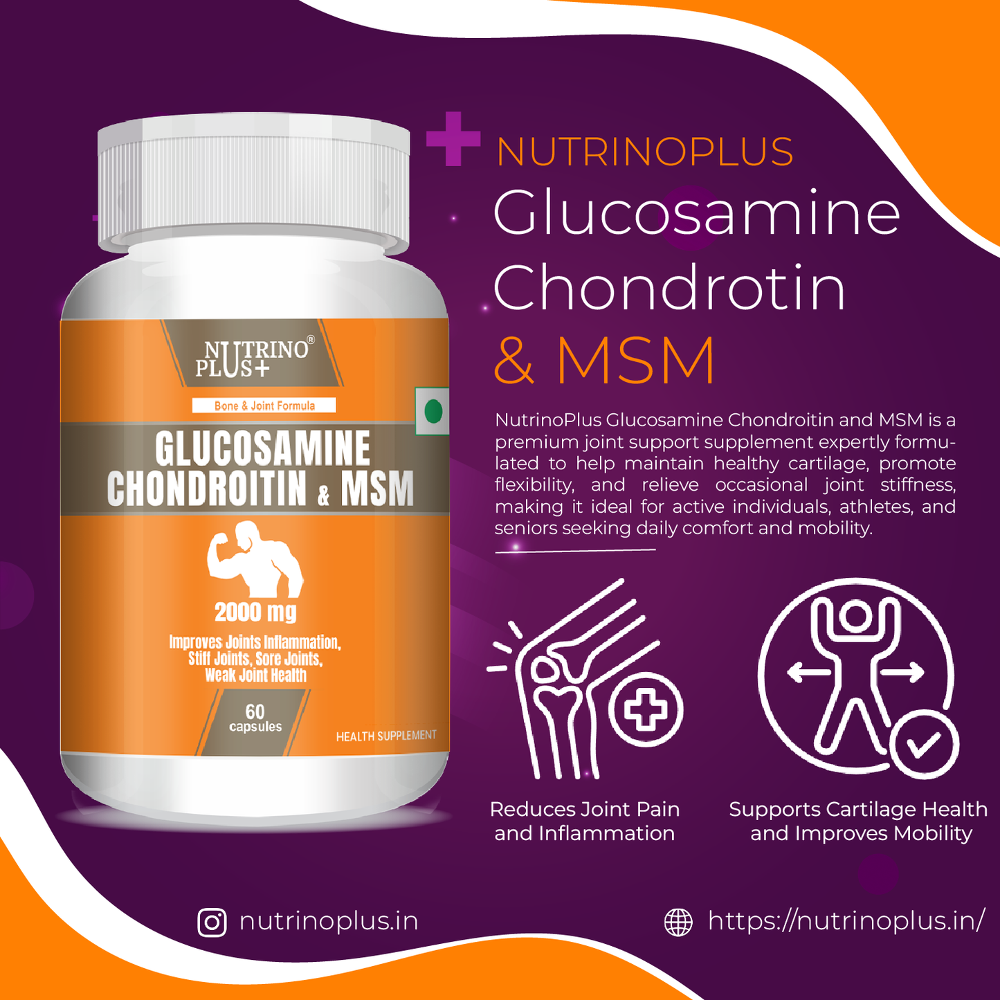 NutrinoPlus Glucosamine Chondroitin & MSM | Joint Support Supplement for Men & Women | Relieves Pain, Stiffness & Promotes Bone & Cartilage Health