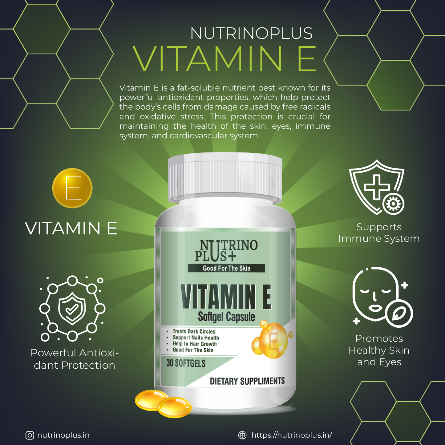 NutrinoPlus Vitamin E Softgel Capsules | Treats Dark Circles, Support Nails Health, Helps in Hair Growth, Good for the Skin